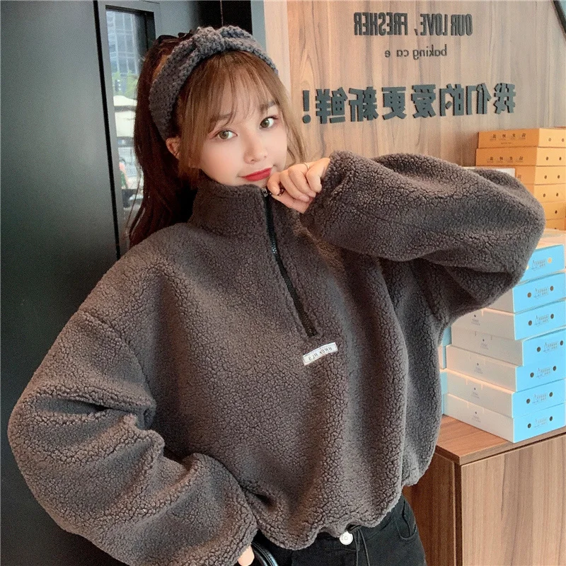 Lamb Wool Short Sweater for Women Winter Loose Korean Style Idle BF Fleece-Lined Thickened Chic Hong Kong Jum | Женская одежда