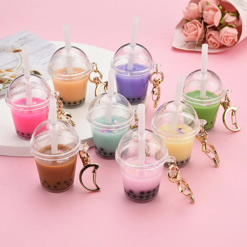 

Cartoon Mini Drink Keychain Decompression Jewelry Pearl Milk Tea Acrylic Keyring Personality Moon Buckle Key Chains Trinket