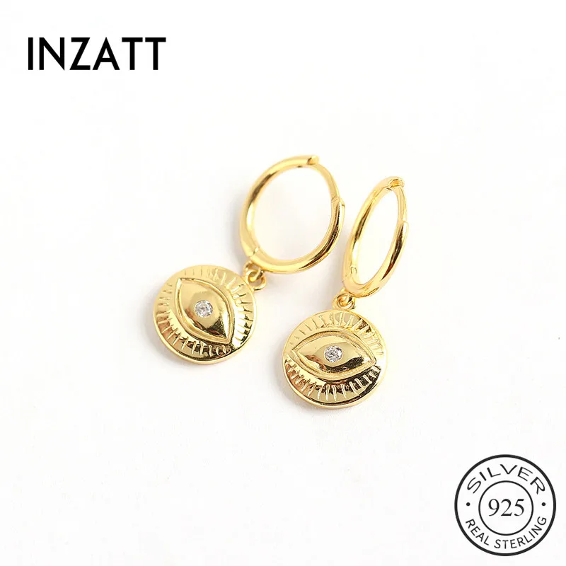 

INZATT Real 925 Sterling Silver Zircon Eye Round Hoop Earrings For Fashion Women INS Fine Jewelry 18k Gold Bohemian Accessories