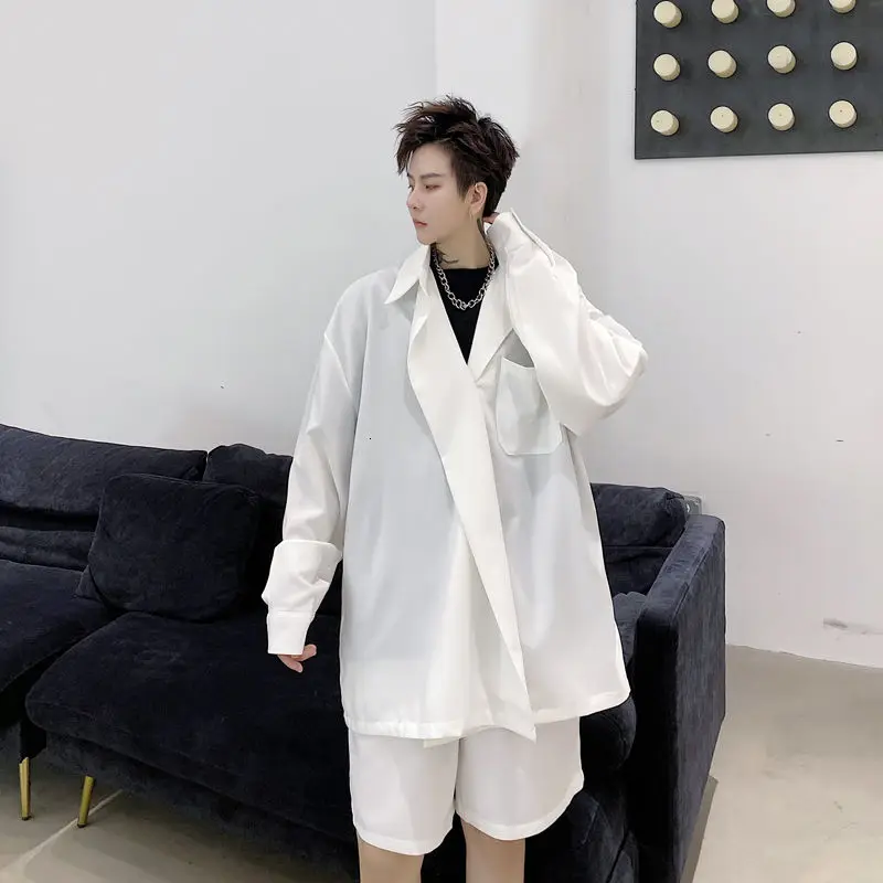 

IEFB 2021 Autumn Solid Color Single Button Loose Men's Long Sleeve Shirt + Wide Leg Shorts Two Pieces Set Oversized Cloth 9Y5286