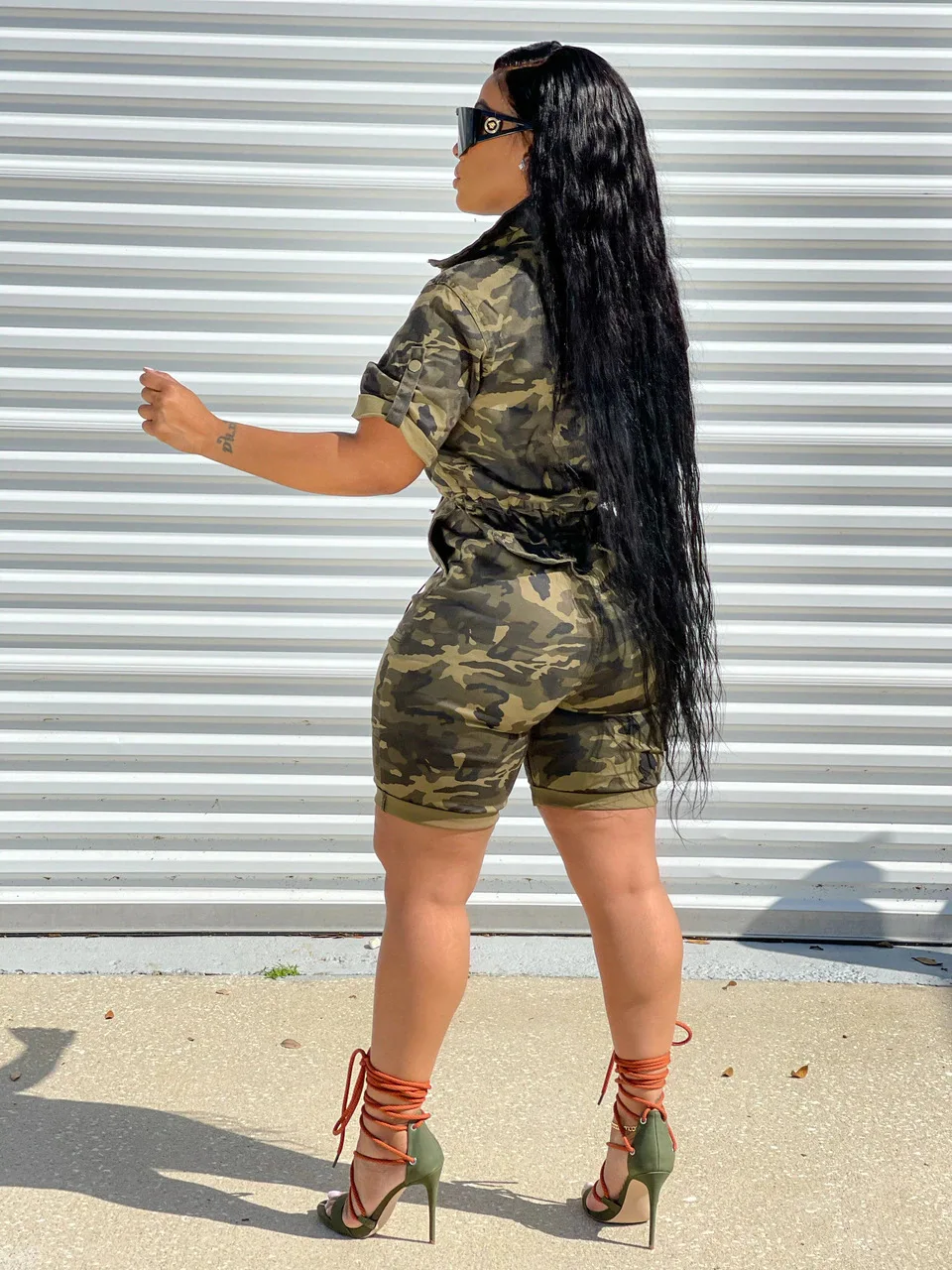 

Casual Women Short Jumpsuits 2021 Summer Camouflage Print Lapel Neck Drawstring Bodycon Lady Female Rompers High Quality S-3XL