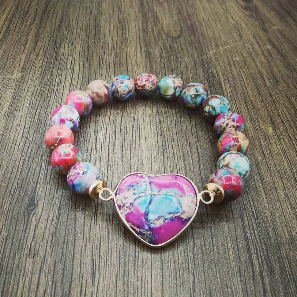 

New Classic Women Heart Shape Bracelets Imperial Jaspers Luxury Stretch Elastic Strand Bangles Jewelry