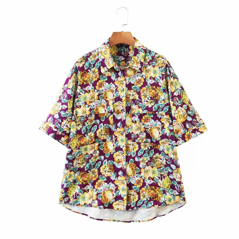 Summer Chic Lady Floral Print Purple Za Long Blouse Women Fashion Single Breasted Short Sleeve Holidy Beach Style Shirt blusas | Женская