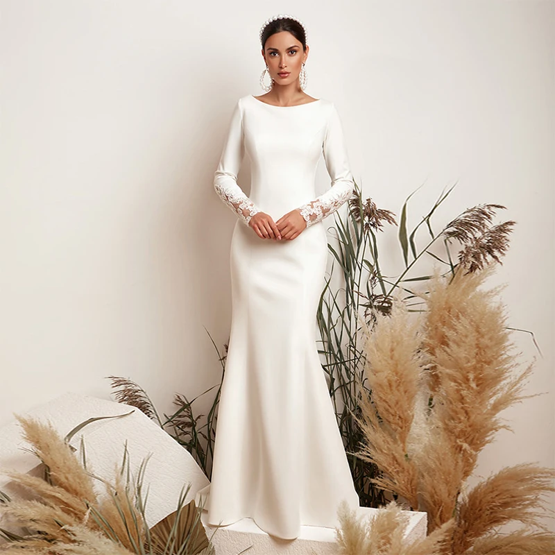 

Bride Gown Modest Saudi Arabic Scoop Neck Bridal Gowns Long Sleeves Back Appliques Sweep Train Wedding Dresses Vestido De Novia