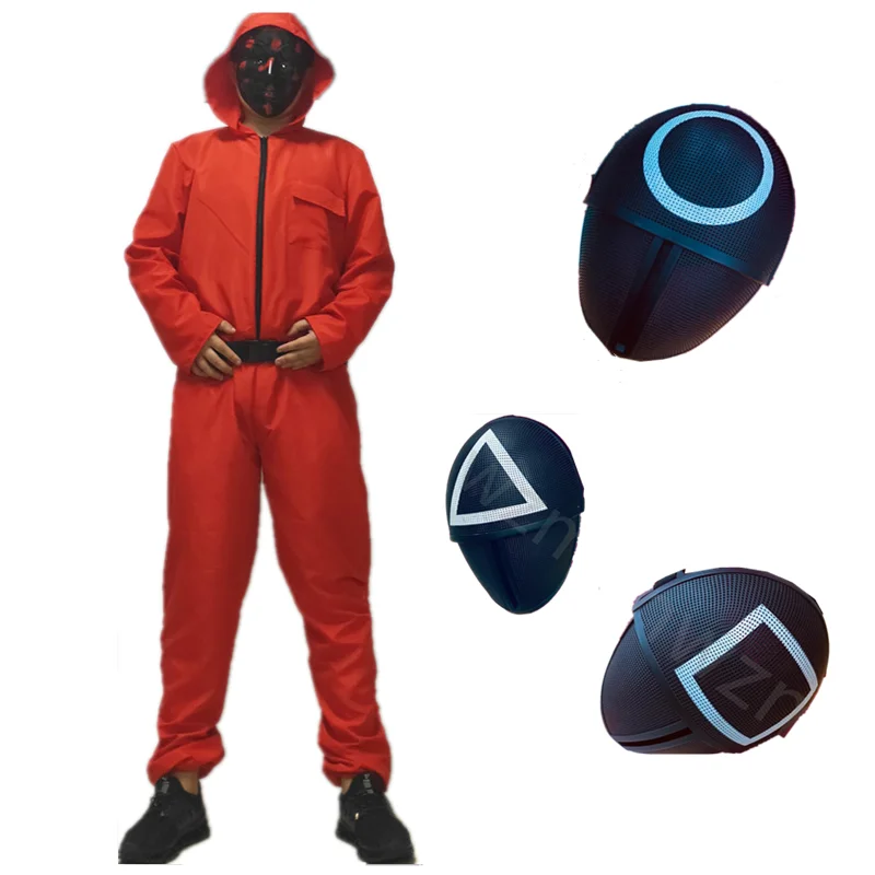 

Korea teleplay Squid game villain Red jumpsuit cosplay costume Halloween party Round Six mask