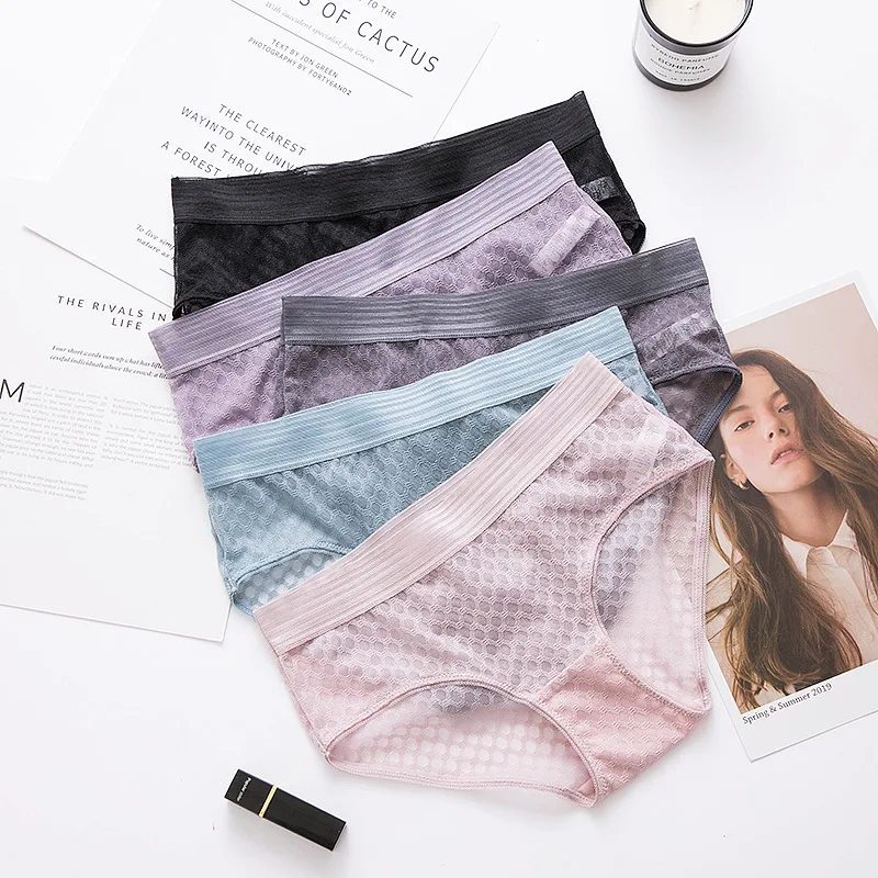 

New European and American Lace Panties Ladies Mid-waist Mesh Wide-brim Simple Transparent Panties Sexy Seamless Panties