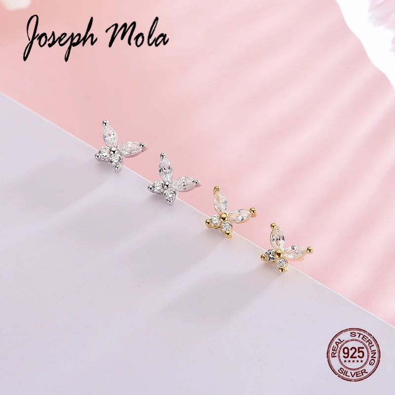 Joseph Mola 925 Sterling Silver Cute Small Butterfly Cubic Zirconia Stud Earrings For Women korean Style Fashion jewelry | Украшения и