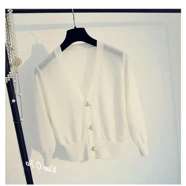 white cardigan Woherb осенний женский кардиган модный тонкий женский вязаный свитер корейский v-образный вырез Sueter Mujer длинный рукав свитер пуговицы - Color: white cardigan