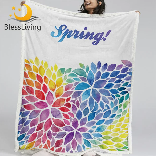 BlessLiving Spring Floral Blankets For Beds Watercolor Plush Bedspread Rainbow Colorful Furry Blanket Raindrop Heart Bedding 1