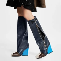 Ladies Knee High Boots Square Catwalk Fashion Heel Martin Boots Square Toe Slip On Color Matching Mixed Color Buckle Rivet Shoes