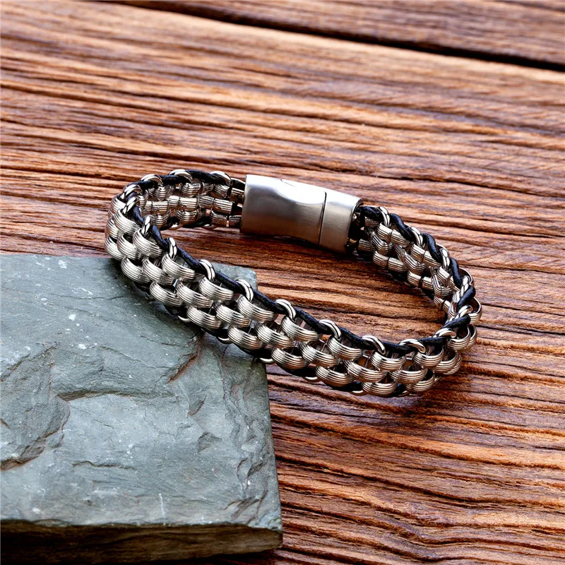 

TANGYIN Punk Style Men's Bracelet Trendy Jewelry Leather Stainless Steel Wire Braided Bracelet for Men's Best Birthday Gifts