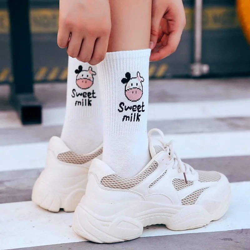 

New Arrivals Cow Printed Sock Lovely Harajuku Japanese Style Cotton Women Socks Striped Solid Breathable Casual Cartoon Socks