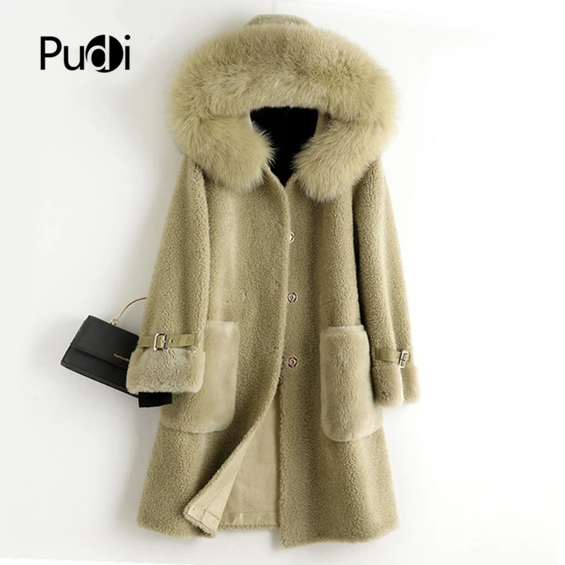 

Женское пальто из натуральной шерсти Pudi, куртка-Тренч с воротником из лисьего меха, зимние теплые женские овечьи стрижки, парки большого раз...