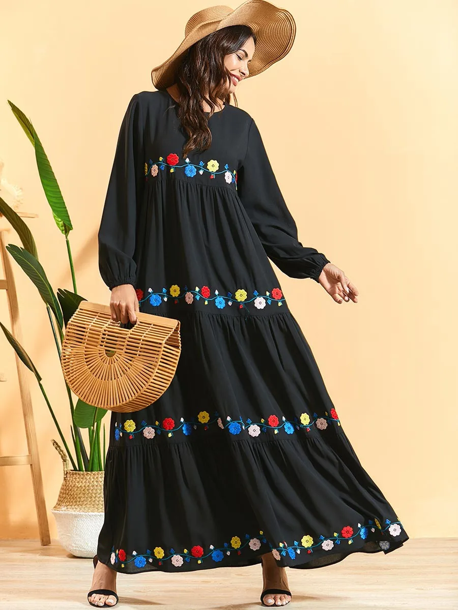 Flower Abaya Qatar UAE Turkish Islamic Malaysia Pleated Muslim Hijab Dress Abayas For Women Robe Musulmane Kaftan Dubai Clothing |