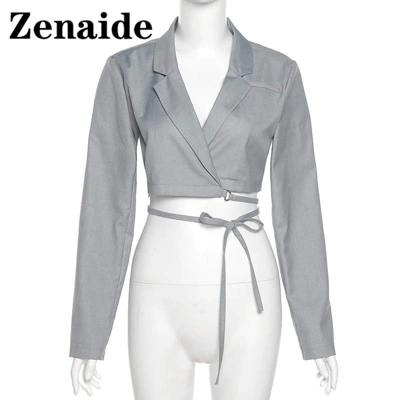 

Zenaide Sexy V Neck Crop Tops Autumn Long Sleeve Tie Up Blouse Shirt Fashion Turn Down Collar Casual Women Top Shirts