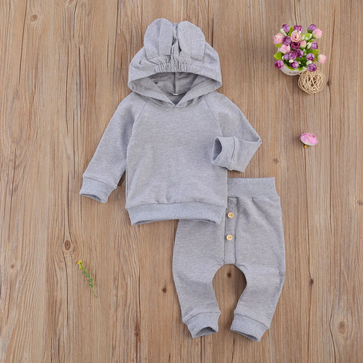 2 Pcs Baby's Casual Suit Solid Color Long Sleeve Hoodie with Cute Ears Loose Button Decoration Trousers Daily Life | Детская одежда
