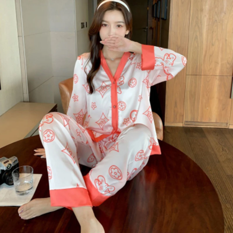 

2021 New Women's Pajamas Ice Silk Long-sleeved Pyjamas Sexy Pajamas Satin Sleep Home Service 2-piece Sleepwear Silk-pajamas