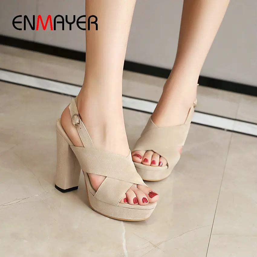 

ENMAYER Basic Flock Buckle Strap Party Women Sandals Fashion Solid Square Heel Wedges Shoes for Women Elegant Platform Sandals
