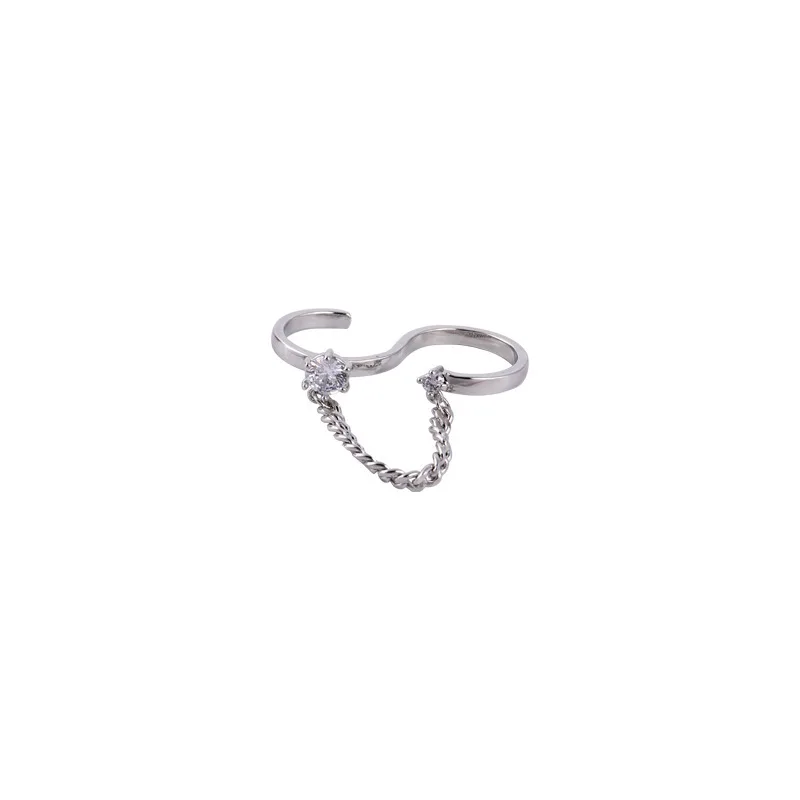 

Personality Silver Color S Shape Double Ring Round White Zircon Ring Cuban Chain Women Ring Cocktail Party Jewelry Hip Hop Ring