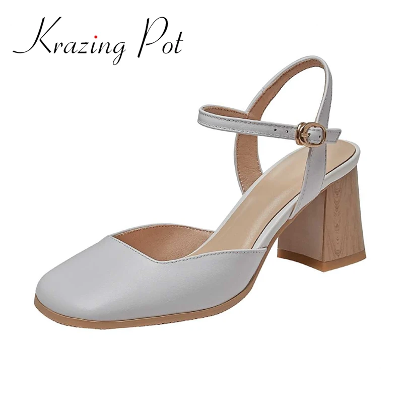 

Krazing Pot big size cow leather shallow square toe high heels solid simple style Korean girls buckle straps women sandals L20