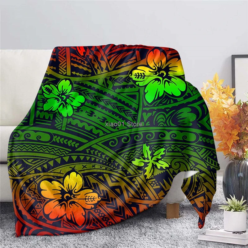 

Polynesian Tribal Hibiscus Print Fleece Blanket Premium Throw Blanket Thin Quilt for Fall Winter Bed Sheet Nap Blanket