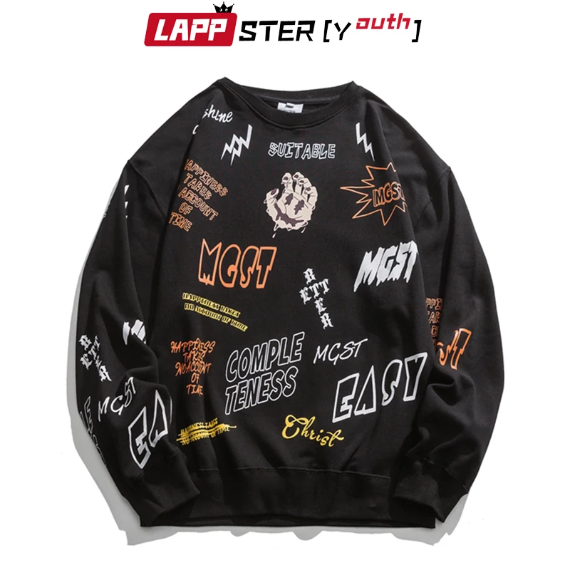 

LAPPSTER-Youth Men Black Full Printed Graphic Hoodies 2023 Autumn Mens Hip Hop Streetwear Vintage Sweatshirts Male Cotton Hoodie