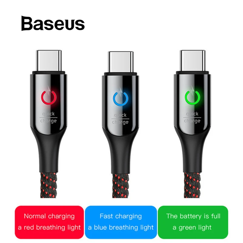 Baseus usb type C кабель Smart power Off type C кабель для samsung S10 huawei P30 Quick Charge 3,0 светодиодный USB-C кабели для мобильных телефонов