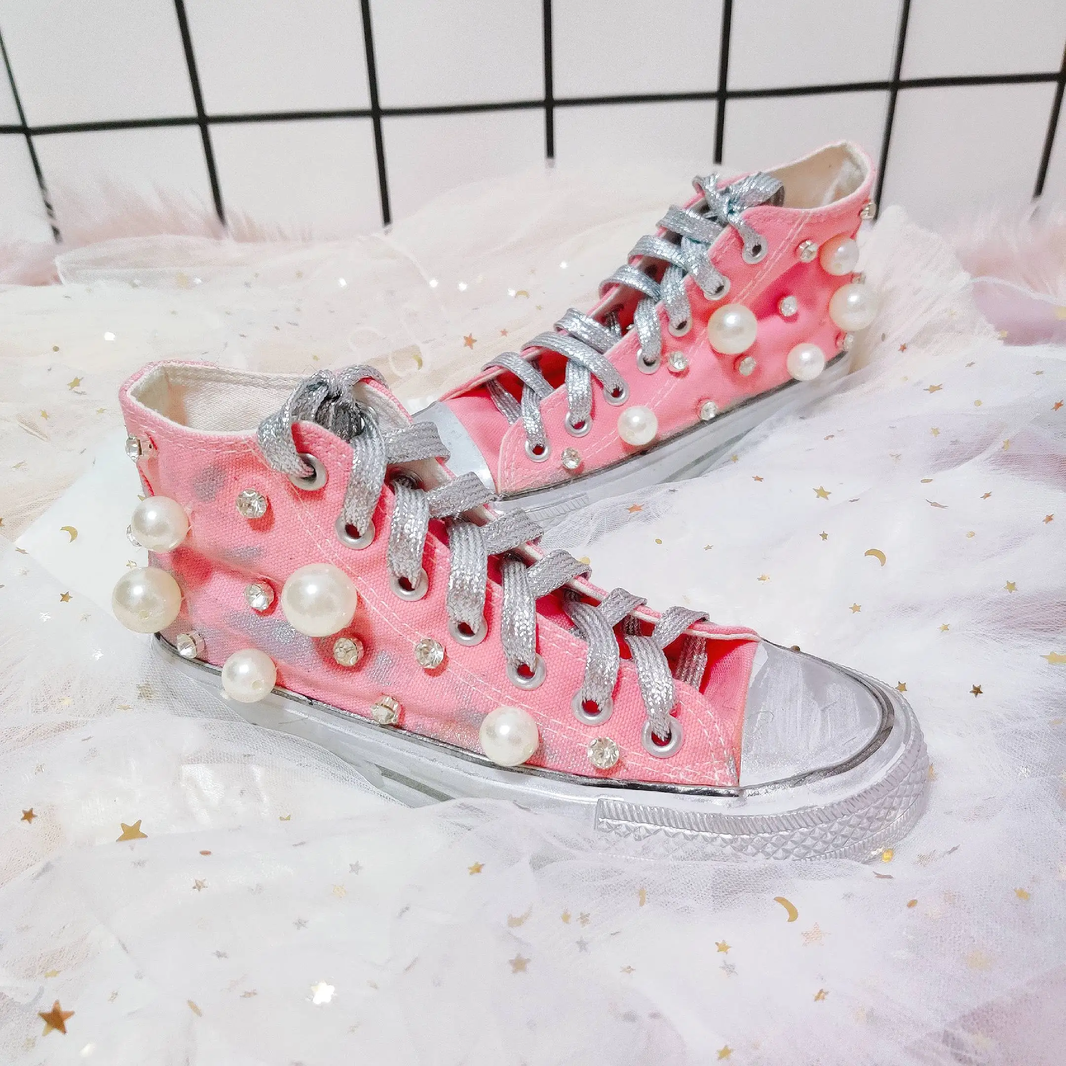

Mermaid Ji Bubble Pearl Diamond Hand-stitched Canvas Shoes Fairy Lolita Distressed High-Top Lace-up Women's Shoes