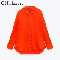 cnlalaxury 2021 new women red cotton linen oversized za long shirt blouse chic female casual loose blusa femininas chemise femme