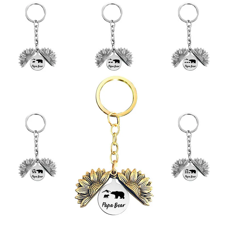 

Keychain Stainless Steel Pendant Sunflower Papa Bear Father Day Custom Fun Birthday Gift Lettering diy Metal Keychain