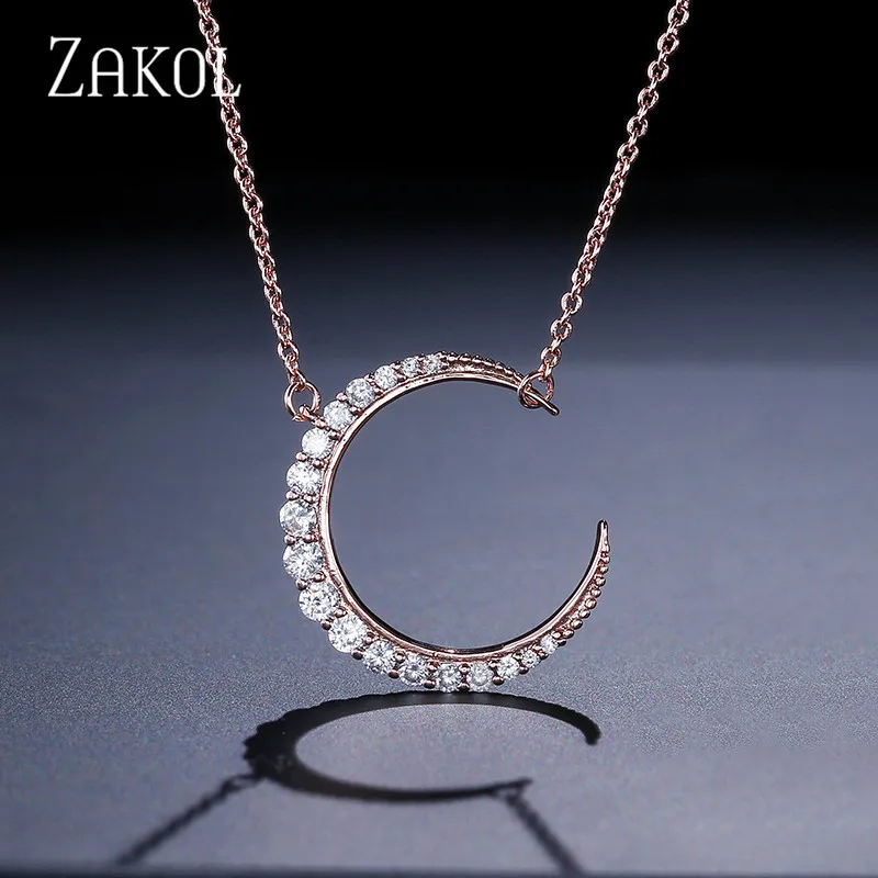 ZAKOL Classic Moon Shape Jewelry Sets White Gold With Tiny CZ Paved Pendant Necklace &amp Stud Earrings For Women FSSP3002 | Украшения и
