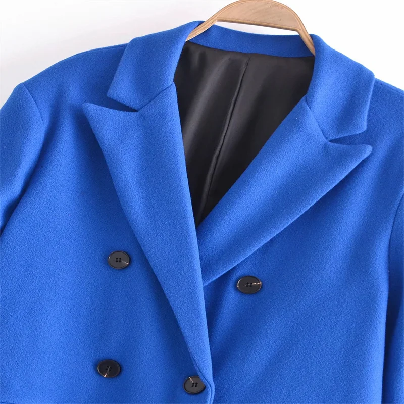 Женское шерстяное двубортное пальто ZA свободная синяя куртка средней длины с