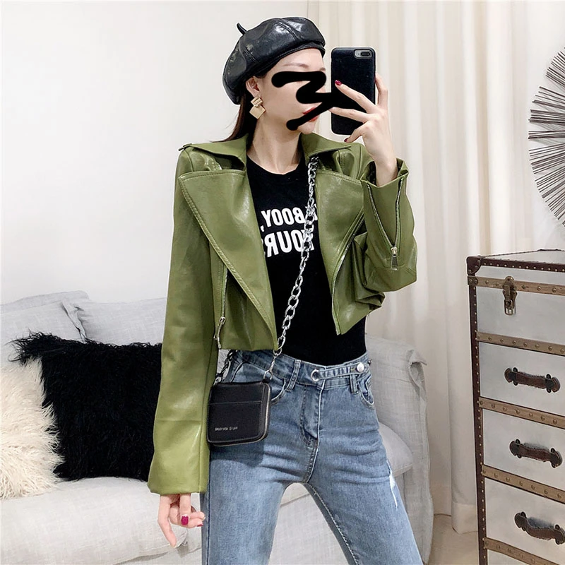 Женская Байкерская короткая куртка из искусственной кожи черная Базовая на