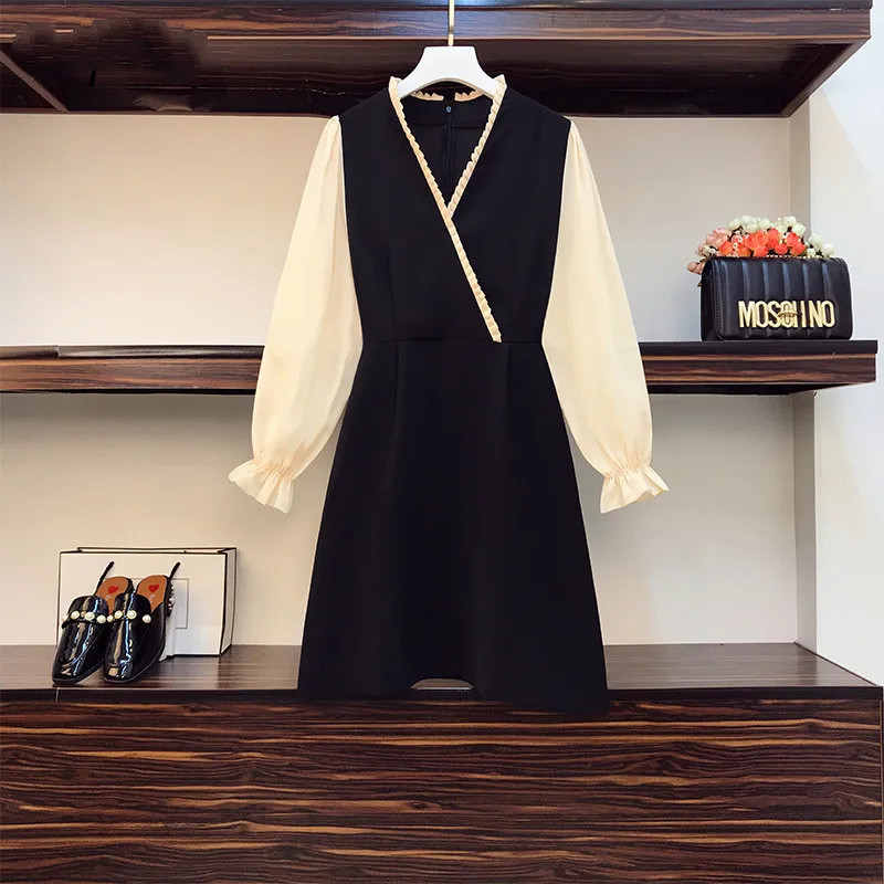 

Plus Szie 4XL Suitable For 90kg Women Dress Patchwork Slim Waist Long Sleeve V-neck A-line Short Dress Autumn Vestido