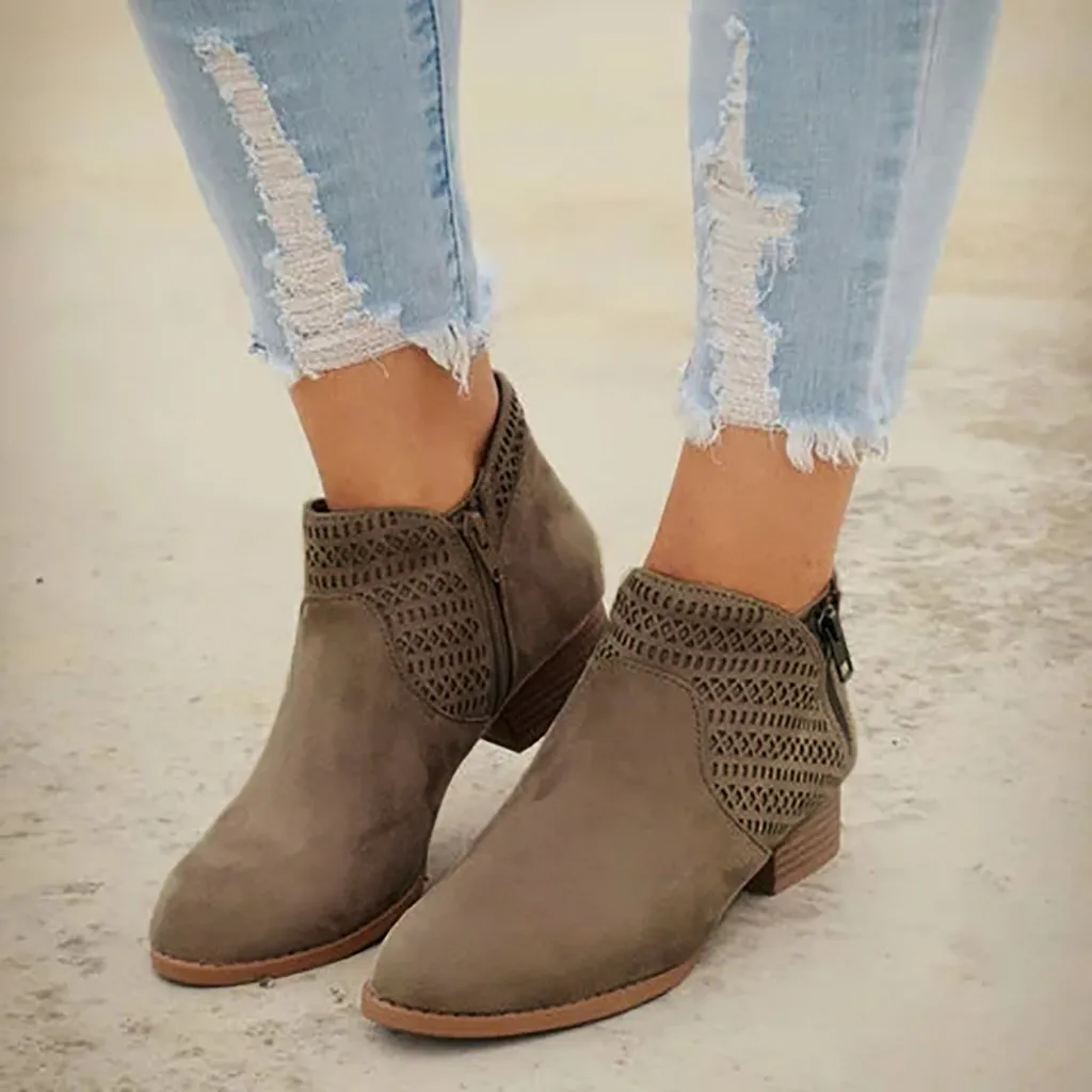 Кожаные ботинки сезон осень-зима удобная женская обувь на молнии с круглым