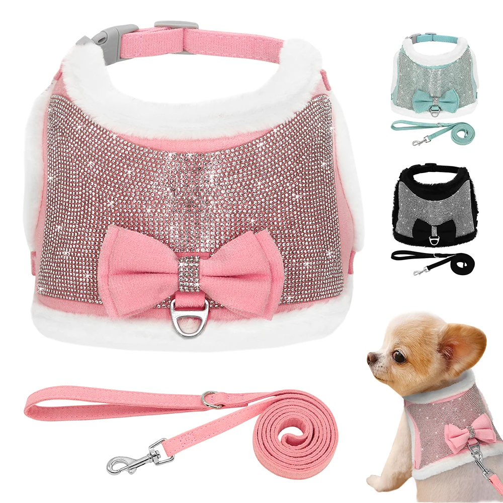 Bling Rhinestones Harness For Small Dogs Cats Soft Warm Dog Harness Vest Leash Set With Bowtie Winter Pet Clothes For Chihuahua