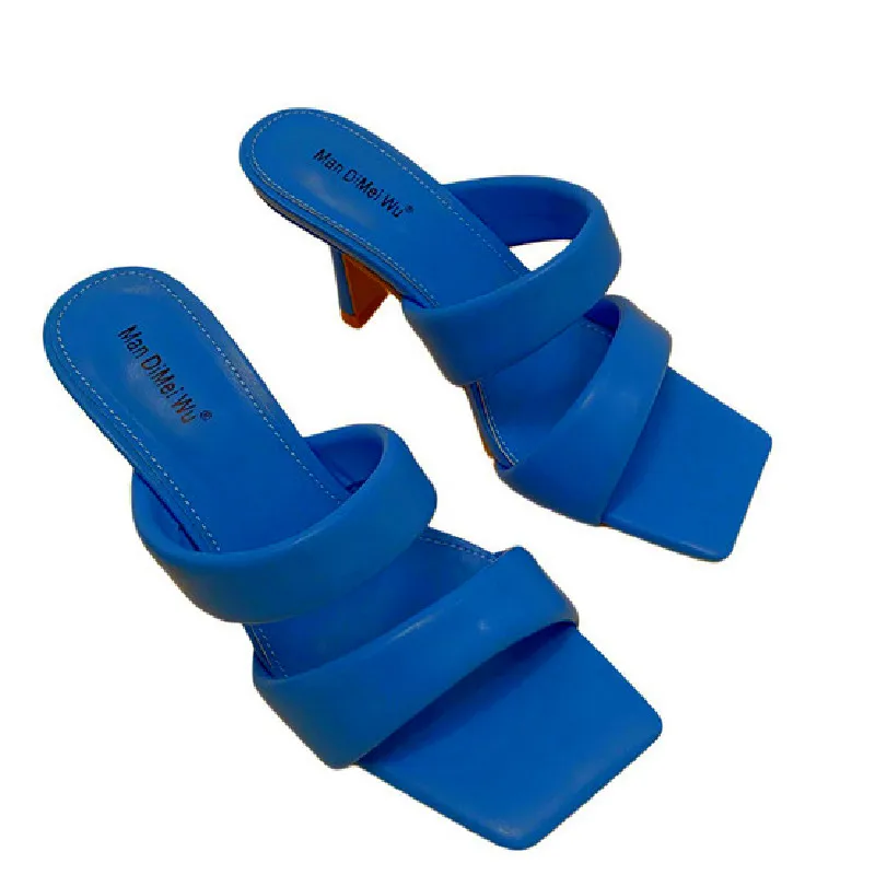 

Women Slippers 2021 Summer Fashion Women Sexy High Thin Heels Sandal Square Toe Slides Velcro Ladies Casual Designer Shoes