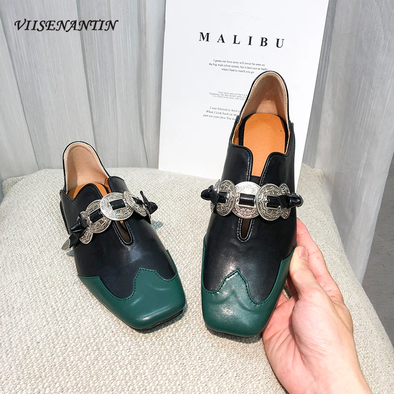 

Retro Coin Decoration Square Toe Flat Shoes 2021 Spring and Summer New Genuine Leather Mixed Color All-match Casual Loafers