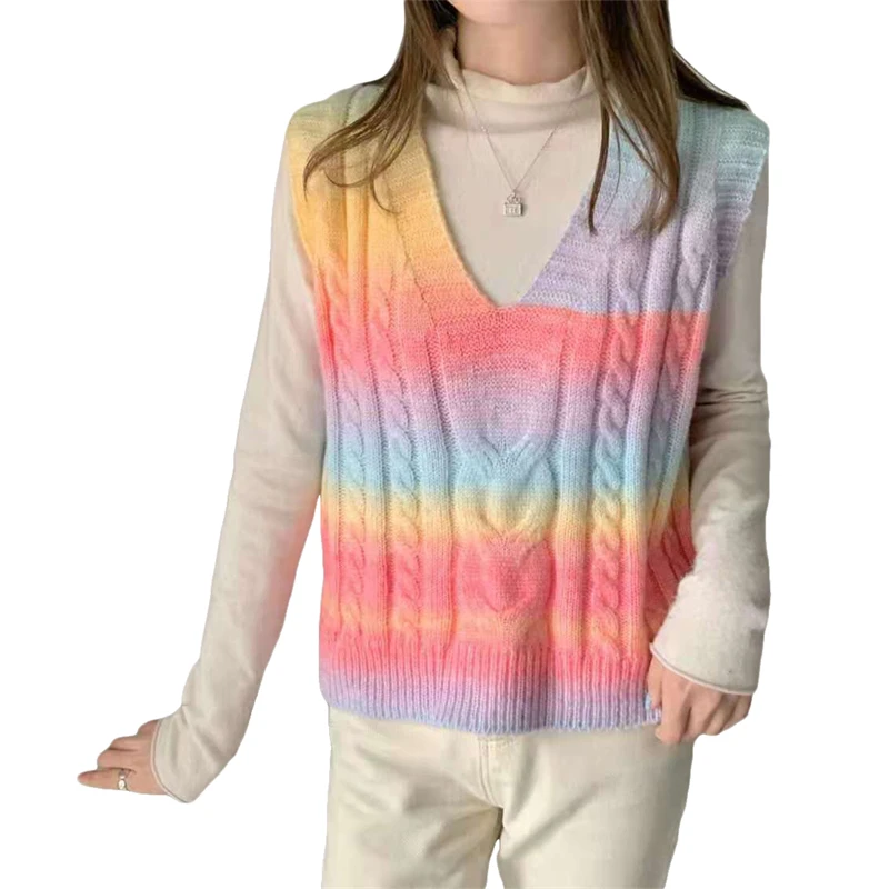 

Hirigin 2021 Autumn Women Casual Sleeveless V Neck Tie Dye Print Sweater Vest Casual Clothes Fashion Loose Knitted Tank Tops