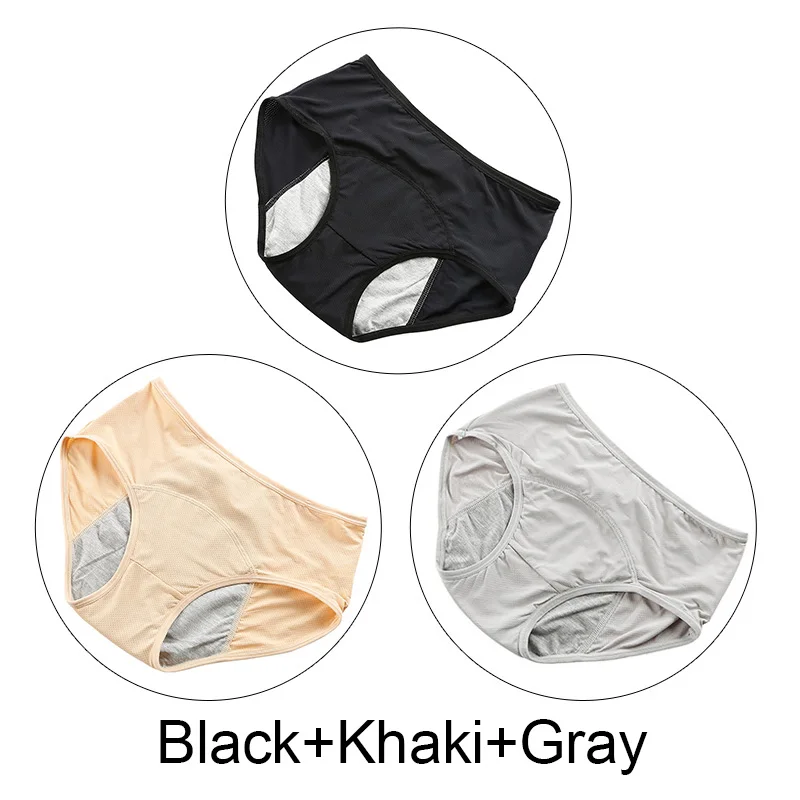 Black Khaki Gray 3 шт./лот 5XL плюс Размер менструальные трусики женское нижнее белье хлопок период герметичные трусы период физиологические трусики нижнее белье - Цвет: Black Khaki Gray