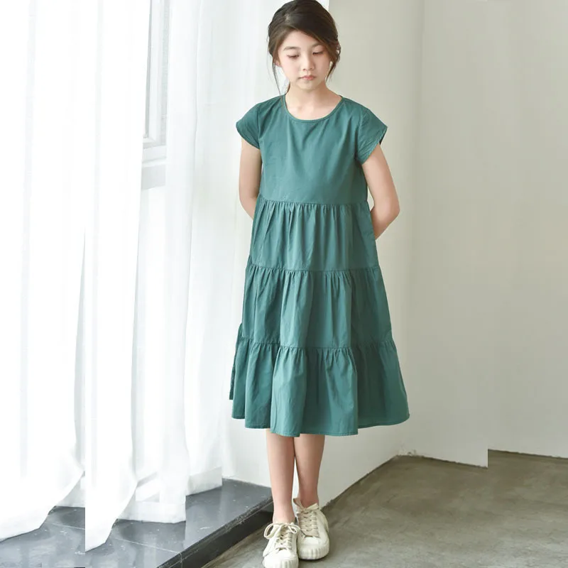 

5 To 20 Years Kids Summer Dresses 2021 New Teenagers Girls Clothes Children Green Yellow Holiday Dress For Girl Patchwork Dress