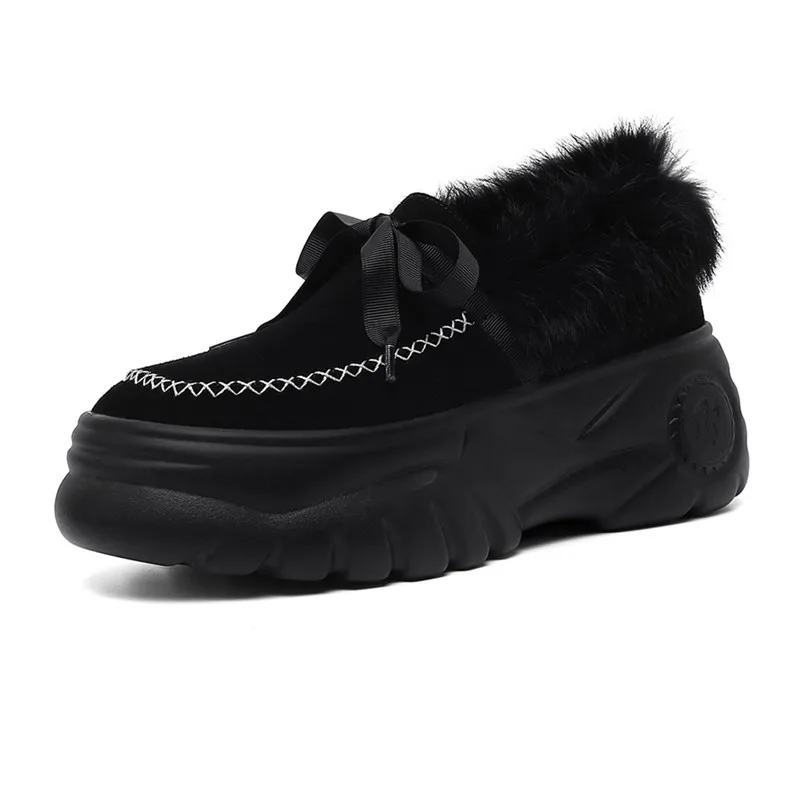 

Женские замшевые туфли на плоской подошве, черные или серые теплые туфли на плоской подошве с бантом из меха кролика, 7 см, для зимы