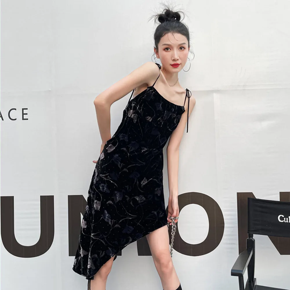 

High Street Fashion 2021 Summer Women's Dress Hipster Popular Casual Designer Printing Irregular Folds Drawstring Hollow Out