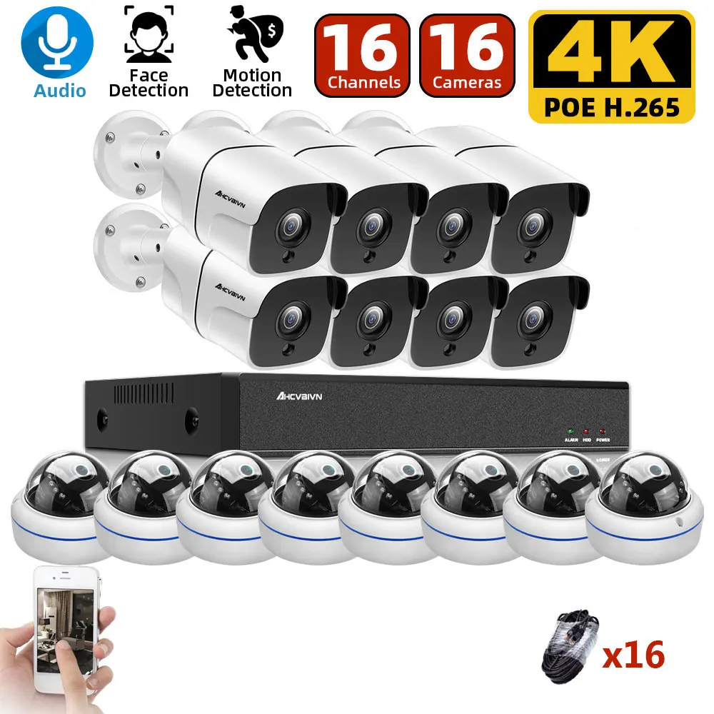 

16CH 4K NVR 8MP POE CCTV Security System Audio WaterProof Outdoor Ip Bullet Dome Camera Video Surveillance Set AI Face Record