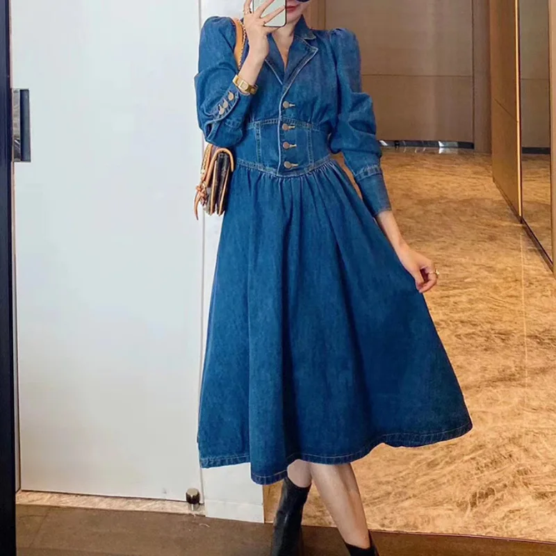 

Новинка Осень-зима 2021 длинная юбка с длинными рукавами и отворотом джинсовая юбка с высокой талией платье с вырезом и лямкой на шее Вечерние