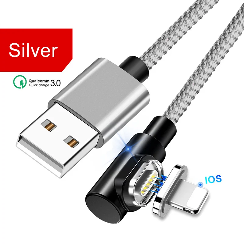 Silver For IOS Магнитное зарядное устройство OneVan 5V 3A 90 градусов Usb кабель для быстрой зарядки Micro Usb type C шнур для зарядки iPhone 7 Xiaomi samsung телефон - Цвет: Silver For IOS