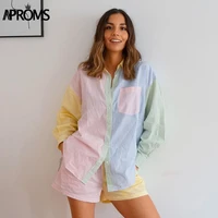 aproms elegant multi stripes pink pocket oversized long shirt women summer 2021 high fashion long sleeve loose shirts casual top