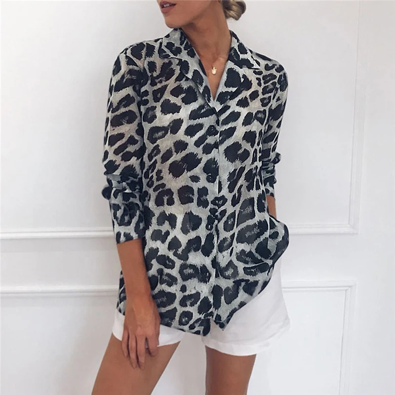 

Women Long Sleeve Fashion Leopard Print Blouse Turn Down Collar OL Lady Shirt Chiffon Blouse Tunic Casual Loose Blusas