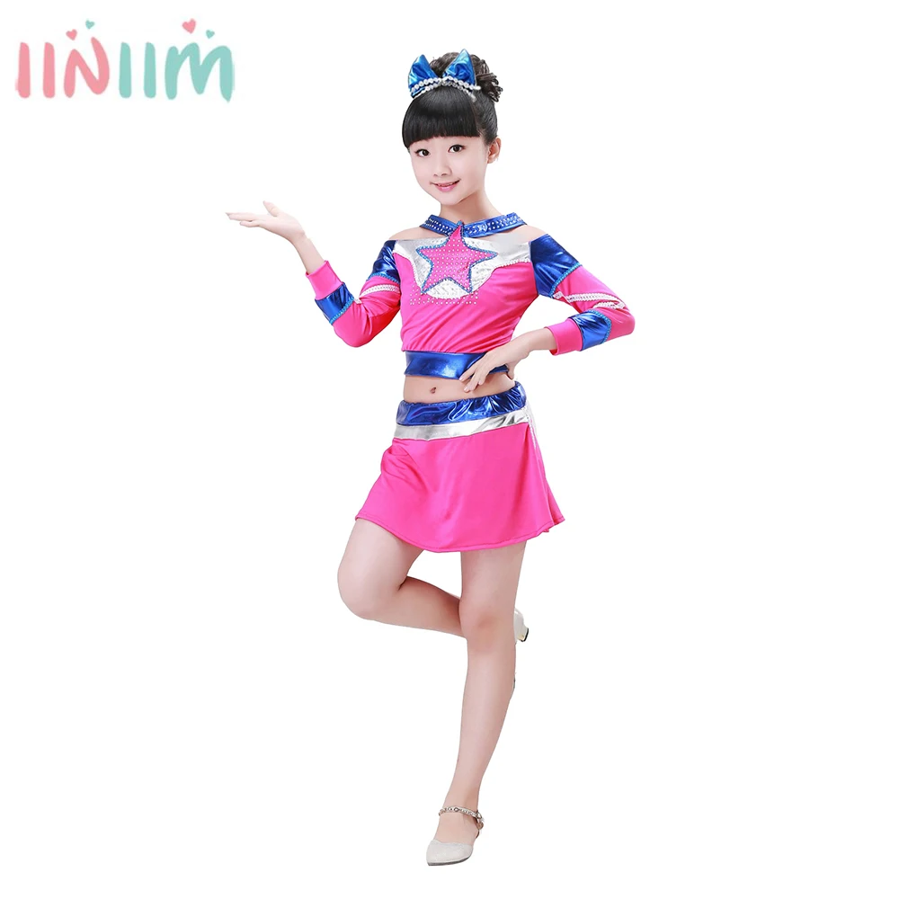 

Комплект для девочек из 2 предметов, комплект для танцев и выступлений, топ с длинными рукавами и юбка со звездами и бриллиантами, со встроенными шортами и подкладкой