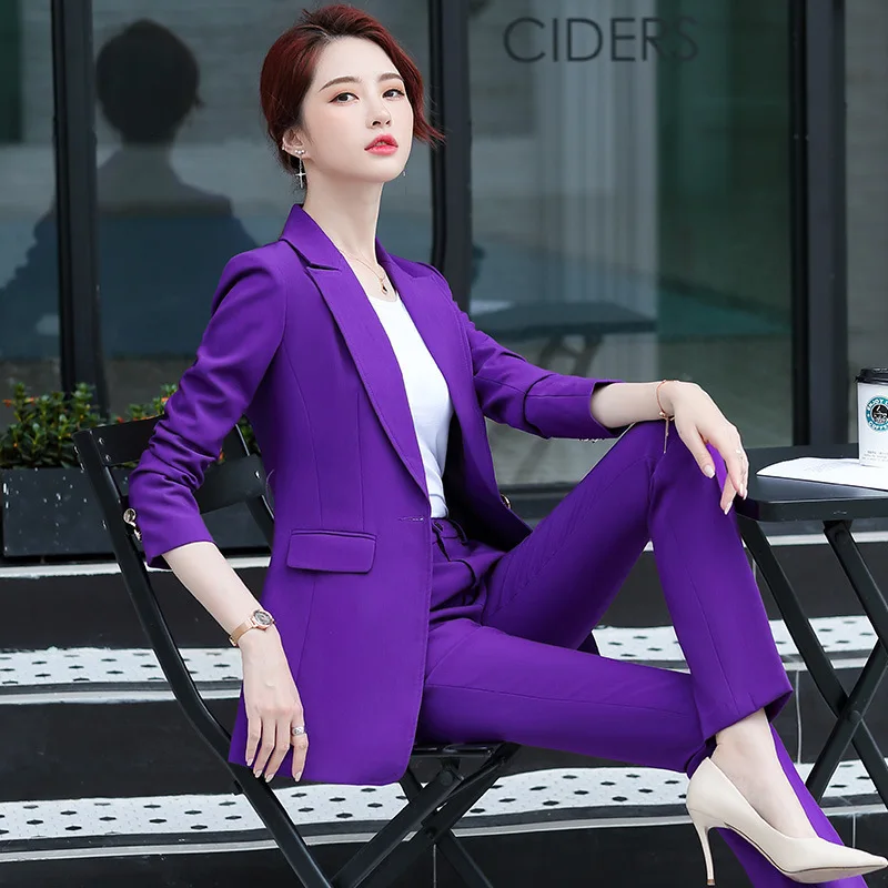 

Korean spring Autumn Purple women's trousers suit jacket and trousers professional clothing business jacket set piece pants set